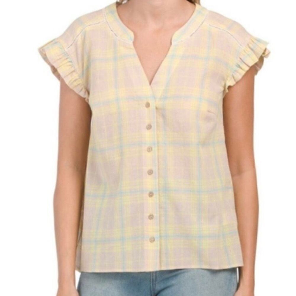 Wit & Wisdom yellow plaid button front ruffle blouse Large